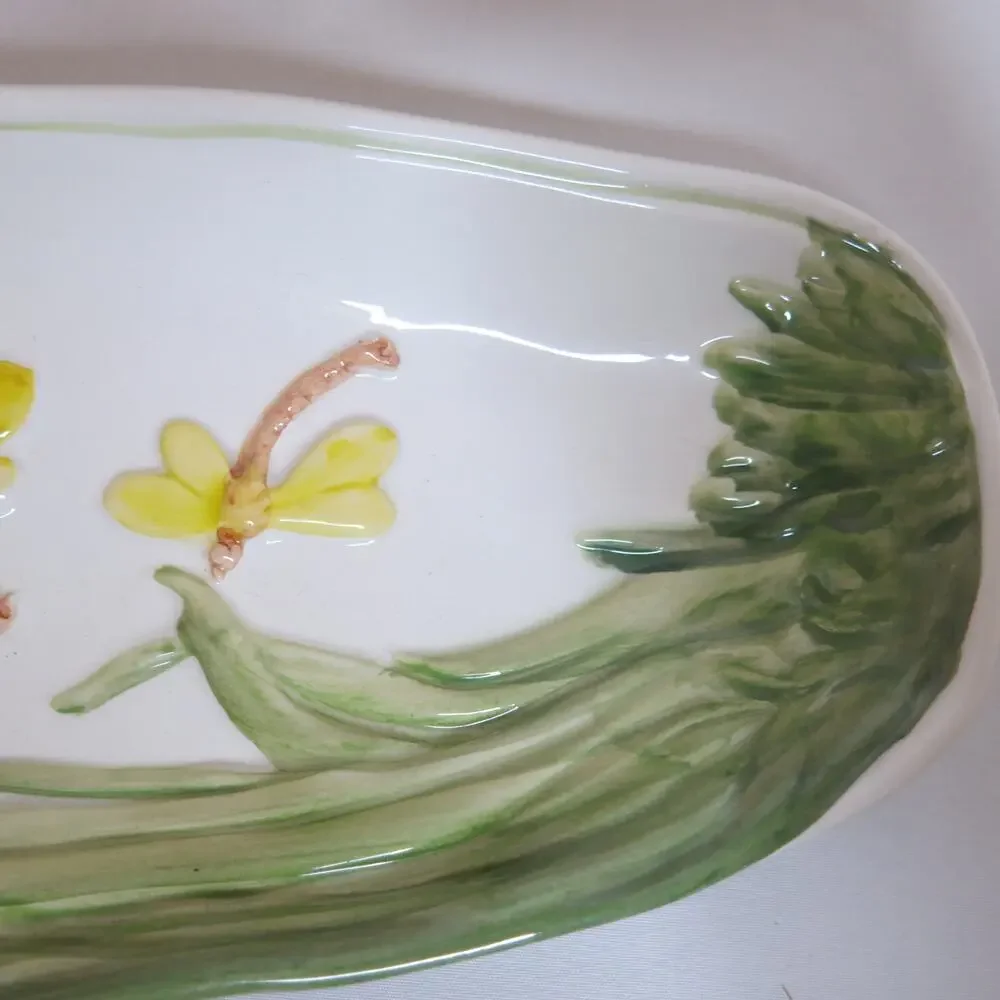 Vintage Carraro Italy Celery Trinket Serving Dish Dragonfly Yellow Green Kitchen